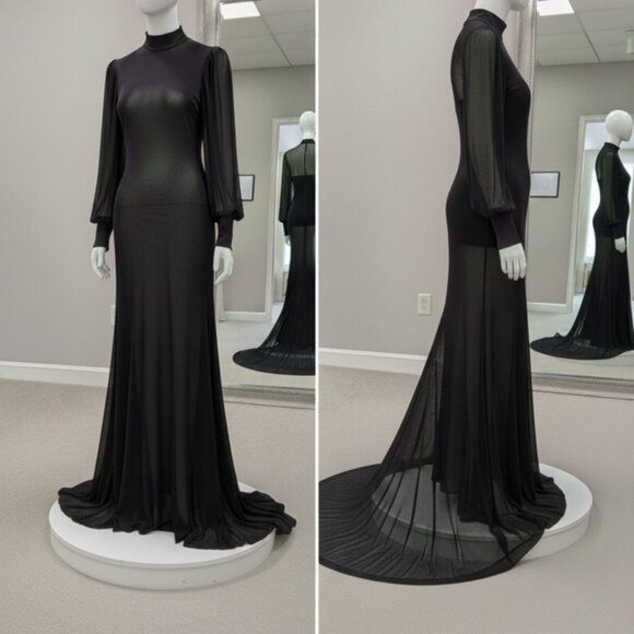 SHEIN Dresses & Skirts - Black Sheer Mesh Maxi Dress Whimsigoth Mermaid Puddle Hem Mock Neck Gown M 6